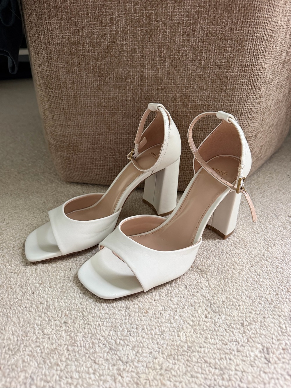 Mango Cream Block Heel Sandals with Ankle Strap